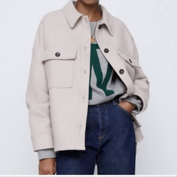 New Zara Oversized Manteco Wool Blend Overshirt Jacket Shacket In Stone NWT Sz L - Picture 9 of 9